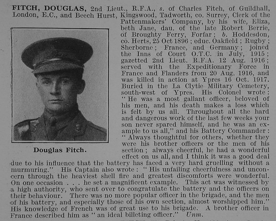 Fitch D 2nd Lt Royal Field Artillery Obit De Ruvignys Roll Of Honour Vol 3