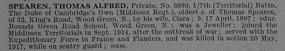 Spearen T A Pte 3890 7th Middlesex Regiment Short Obit De Ruvignys Roll Of Honour Vol 4
