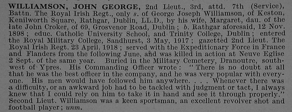 Williamson J G 2nd Lt 3rd Attd 7th Royal Irish Regiment Obit De Ruvignys Roll Of Honour Vol 4
