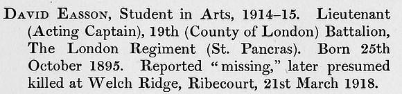 Easson D Lt 19th London Regiment Obit