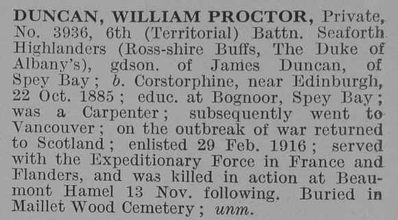 Duncan W P Pte 6th Seaforth Highlanders Obit De Ruvignys Roll Of Honour Vol 3