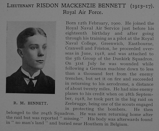 Bennett R M Lt RNAS Obit Dulwich College Roll Of Honour