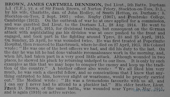 Brown J C D 2nd Lt 5th Durham Light Infantry Obituary De Ruvignys Roll Of Honour Vol 1