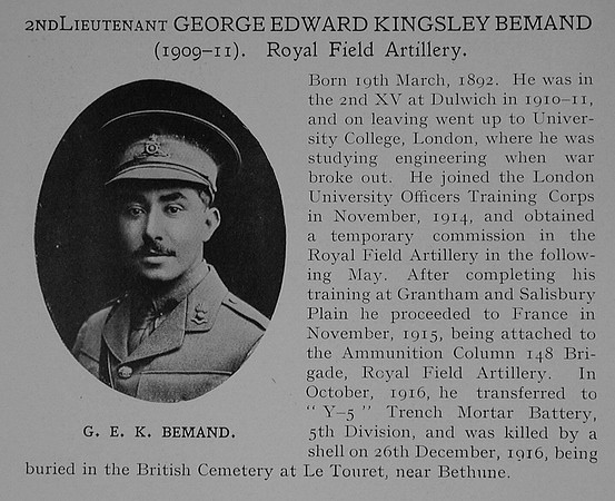 Bemand G E K 2nd Lt RFA Obit Dulwich College Roll Of Honour