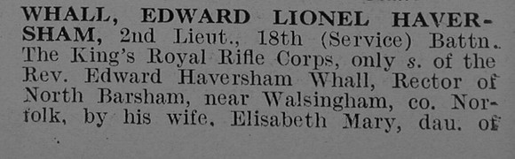 Whall E L H 2nd Lt 18th King's Royal Rifle Corps Obit Part 1 De Ruvignys Roll Of Honour Vol 3