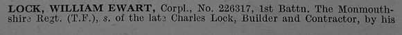 Lock W E Cpl 226317 1st Monmouthshire Regiment Obit Part 1 De Ruvignys Roll Of Honour Vol 4