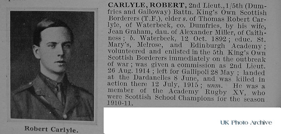 Carlyle R 2nd Lt 5th Kings Own Scottish Borderers Obituary De Ruvignys Roll Of Honour Vol 1