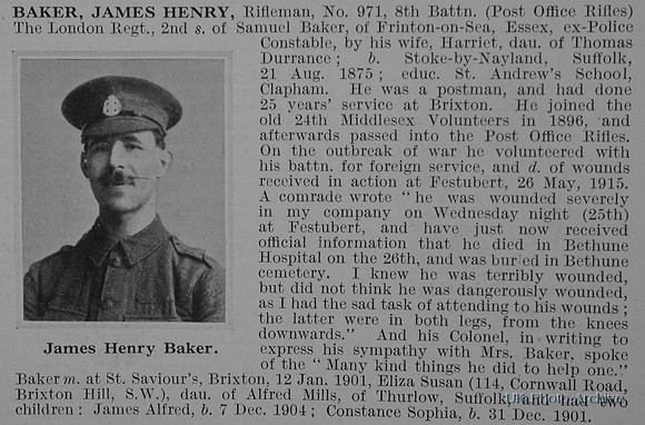 Baker J H Rfn Obit 8th London Regt DR1