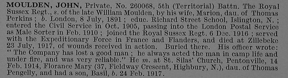 Moulden J Pte 260068 5th Royal Sussex Regiment Obit De Ruvignys Roll Of Honour Vol 4