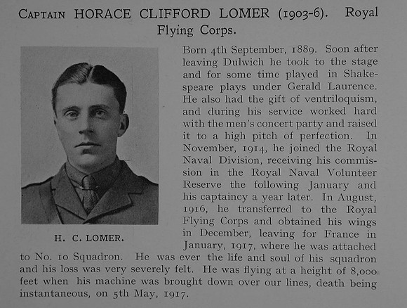 Lomer H C Captain Royal Flying Corps Obit Dulwich College Roll Of Honour