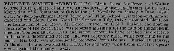 Yeulett W A Lt DFC Royal Air Force Obit De Ruvignys Roll Of Honour Vol 4