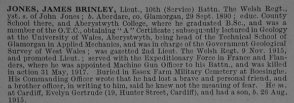 Jones J B Lt 10th Welsh Regiment Obit De Ruvignys Roll Of Honour Vol 4