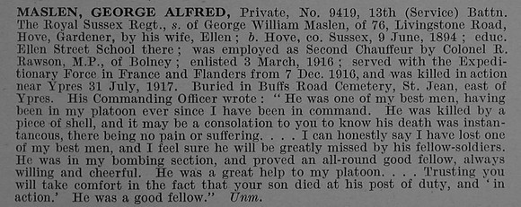 Maslen G A Pte 9419 13th Royal Sussex Regiment Obit De Ruvignys Roll Of Honour Vol 4