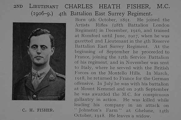 Fisher C H 2nd Lt 4th Attd 12th East Surrey Regiment Obit Dulwich College Roll Of Honour