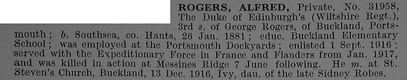 Rogers A Pte 31958 1st Wiltshire Regiment Obit De Ruvignys Roll Of Honour Vol 4