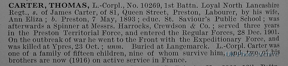 Carter T LCpl 10269 1st Loyal Lancs Regiment Obituary De Ruvignys Roll Of Honour Vol 1