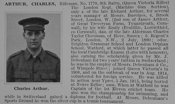 Arthur C Rfn 1770 9th London Regiment Obit