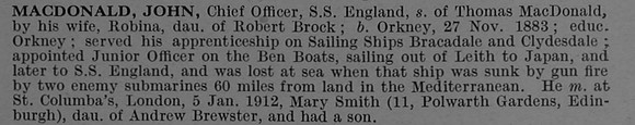 MacDonald J Chief Officer SS England Mercantile Marine Obit De Ruvignys Roll Of Honour Vol 4