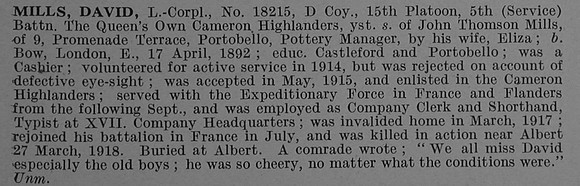 Mills D L/Cpl 18215 5th Cameron Highlanders Obit De Ruvignys Roll Of Honour Vol 4