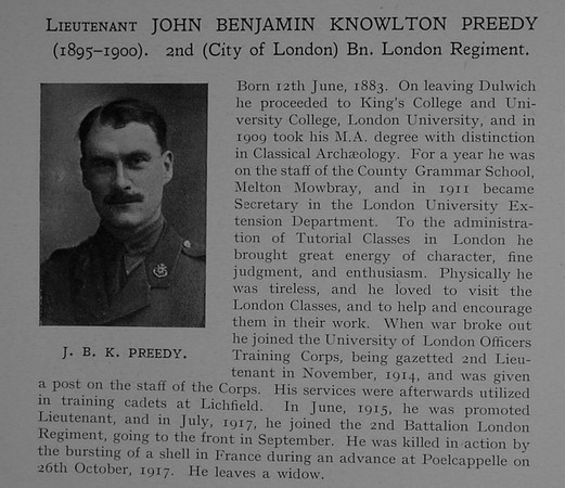 Preedy J B K Lt 2nd London Regiment (Royal Fusiliers) Obit Dulwich College Roll Of Honour