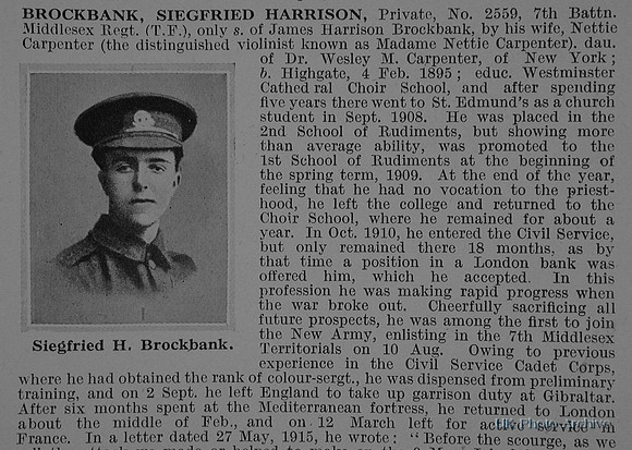 Brockbank S H Pte 2559 7th Middlesex Regiment Obituary Part 1 De Ruvignys Roll Of Honour Vol 1