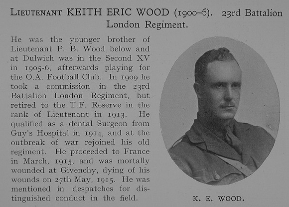 Wood K E Lt 23rd London Regiment Obit Dulwich College Roll Of Honour