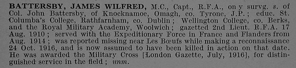 Battersby J W Captain MC Royal Field Artillery Obit De Ruvignys Roll Of Honour Vol 4