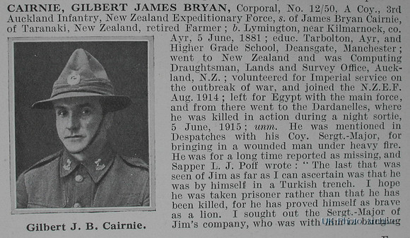 Cairnie G J B Cpl 12/50 3rd Auckland Regiment, N.Z.E.F. Obituary Part 1 De Ruvignys Roll Of Honour Vol 1