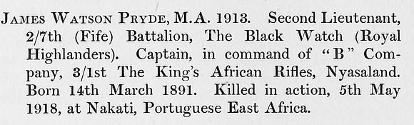 Pryde J W 2nd Lt 7th Black Watch Obit St Andrews University Roll Of Honour