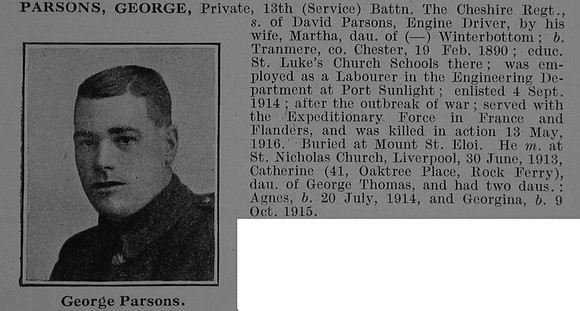 Parsons G Pte W/89 13th Cheshire Regiment Obit De Ruvignys Roll Of Honour Vol 4