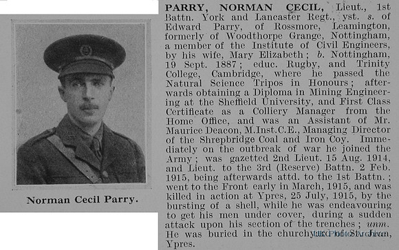 Parry N C Lt 1st York And Lancs Regiment Obit De Ruvignys Roll Of Honour Vol 1