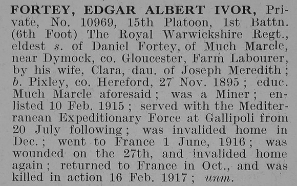 Fortey E A I Pte 1st Royal Warwickshire Regiment Obit De Ruvignys Roll Of Honour Vol 3