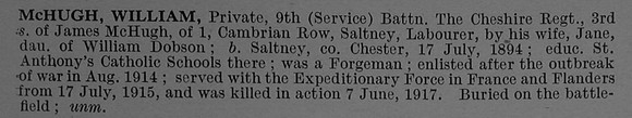 McHugh W Pte 12530 9th Cheshire Regiment Obit De Ruvignys Roll Of Honour Vol 4