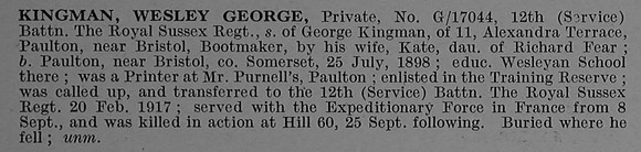 Kingman W G Pte G/17044 12th Royal Sussex Regiment Obit De Ruvignys Roll Of Honour Vol 4