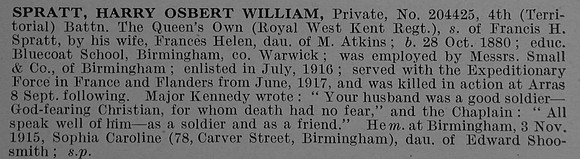 Spratt H O W Pte 204425 4th Queen's Own (Royal West Kent Regiment) Obit De Ruvignys Roll Of Honour Vol 4