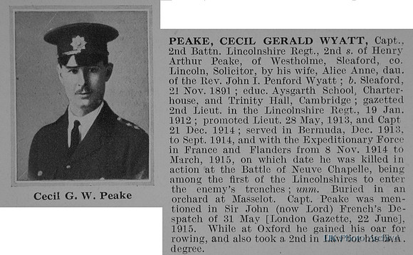 Peake C G W Captain 2nd Lincolnshire Regiment Obit De Ruvignys Roll Of Honour Vol 1