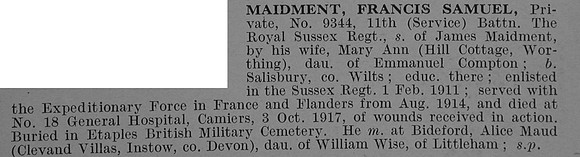 Maidment F S Pte 9344 11th Royal Sussex Regiment Obit De Ruvignys Roll Of Honour Vol 4