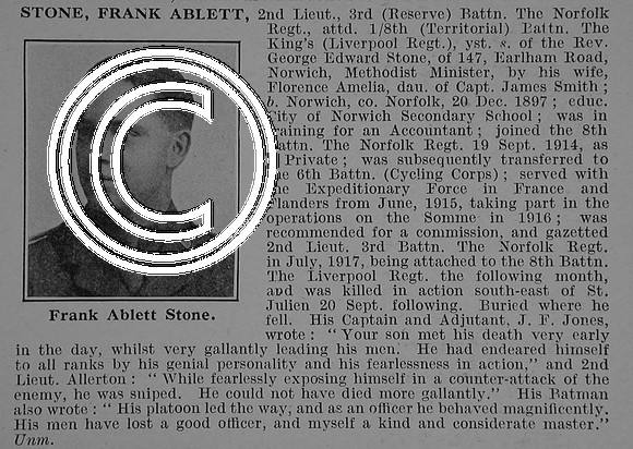 Stone F A 2nd Lt 3rd Norfolk Regiment Attd 8th The King's (Liverpool Regiment) Obit De Ruvignys Roll Of Honour Vol 4