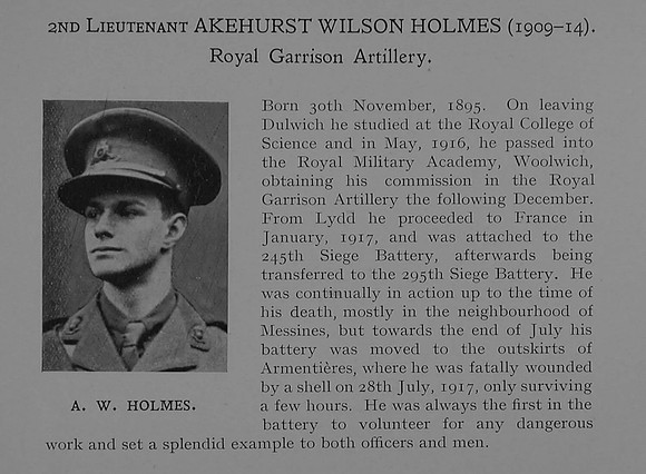 Holmes A W 2nd Lt Royal Garrison Artillery Obit Dulwich College Roll Of Honour