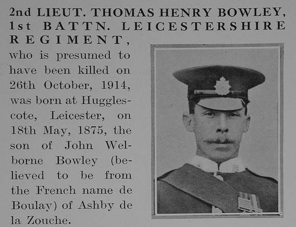 Bowley T H 2nd Lt 1st Leicestershire Regiment Obit Part 1 The Bond Of Sacrifce Vol 1
