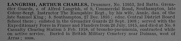 Langrish A C Drummer 13953 3rd Grenadier Guards Obit De Ruvignys Roll Of Honour Vol 4