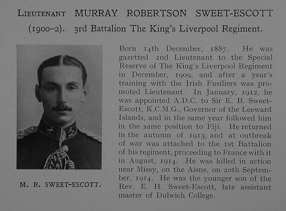 Sweet-Escott M R Lt 3rd Attd 1st The King's (Liverpool Regiment) Obit Dulwich College Roll Of Honour