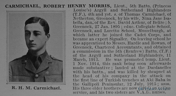 Carmichael R H M Lt 5th Argyll & Sutherland Highlanders Obituary De Ruvignys Roll Of Honour Vol 1