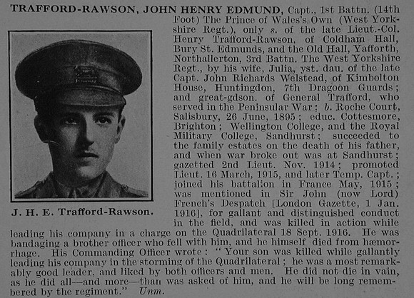 Trafford-Rawson J H E Captain 1st West Yorkshire Regiment Obit De Ruvignys Roll Of Honour Vol 3