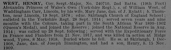 West H Coy Sergt Major 240710 2nd Yorkshire Regiment Obit De Ruvignys Roll Of Honour Vol 4