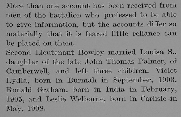 Bowley T H 2nd Lt 1st Leicestershire Regiment Obit Part 3 The Bond Of Sacrifce Vol 1