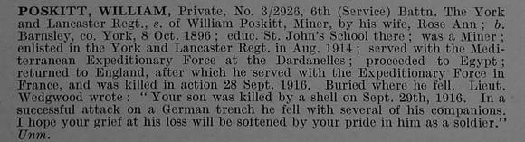 Poskitt W Pte 3/2926 6th York & Lancaster Regiment Obit De Ruvignys Roll Of Honour Vol 4