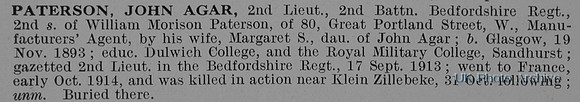 Paterson J A 2nd Lt 2nd Bedfordshire Reiment Obit De Ruvignys Roll Of Honour Vol 1