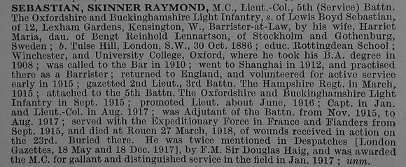 Sebastian S R Lt Col MC 5th Oxford and Bucks Light Infantry Obit De Ruvignys Roll Of Honour Vol 4