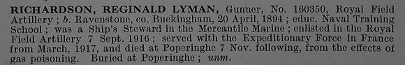 Richardson R L Gnr 160350 Royal Field Artillery Short Obit De Ruvignys Roll Of Honour Vol 4